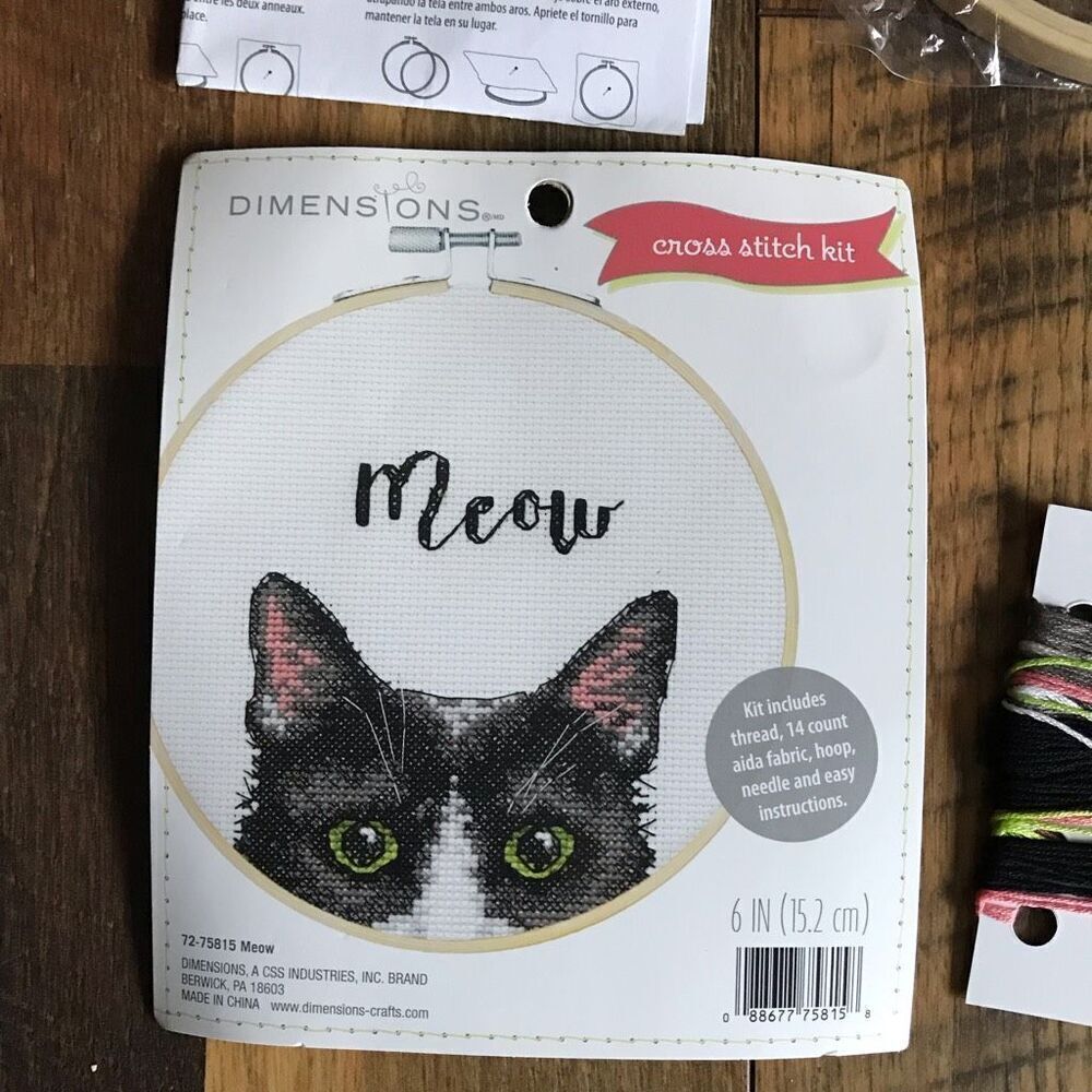 Dimensions Meow 6 inch Cross Stitch Kit with hoop black white kitty new open